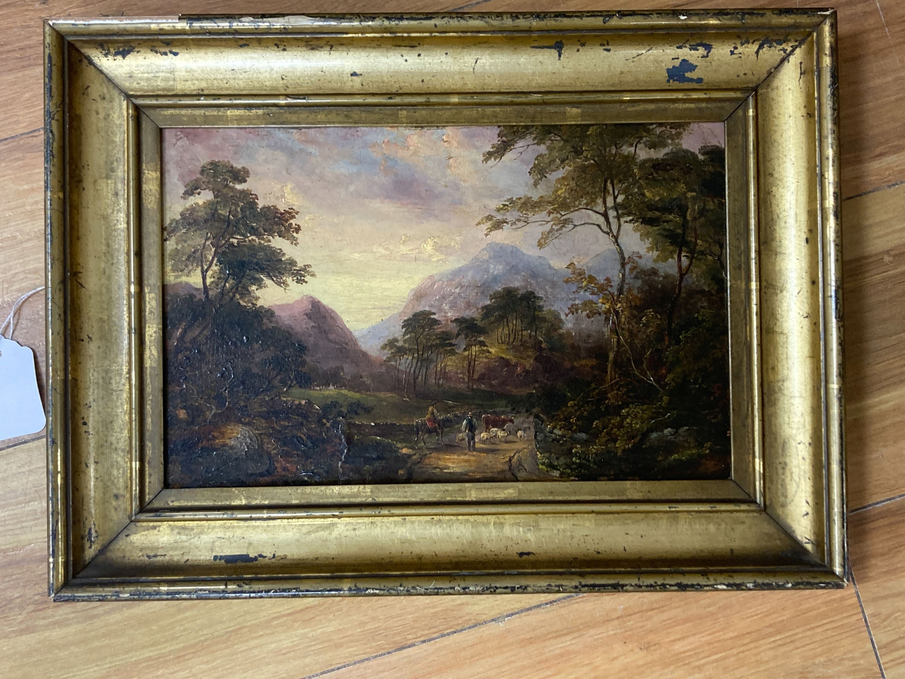 English School (19th century), 'View Near Ambleside in Keswick' (cattle and sheep with drover on a country lane), oil on board, 18 x 29cm